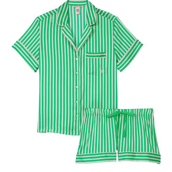 Victoria’s Secret Satin Short Pajama Set Small Green Stripes - Picture 1 of 8